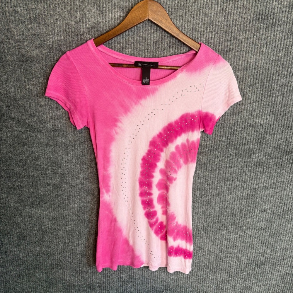 INC International Concepts Pink Tie Dye Rhinestone Top Size Small Y2K